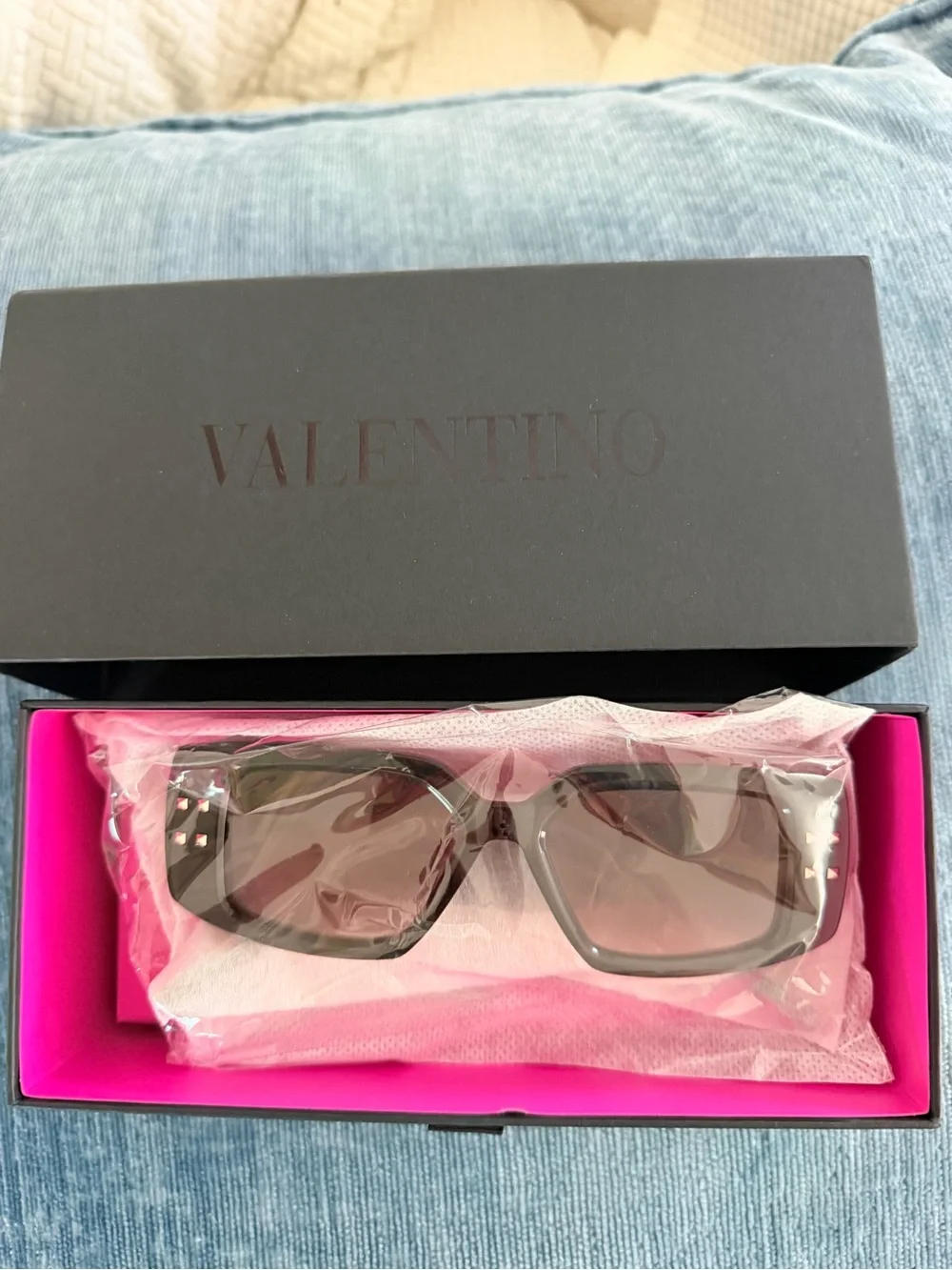 Valentino Black Rectangular Sunglasses with Studded Temples